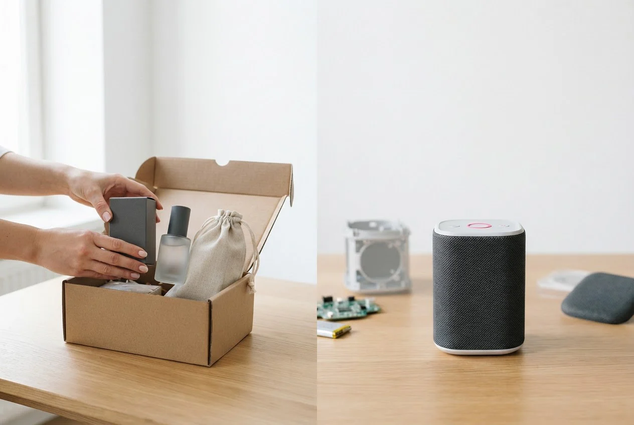 Three separate items being packed into one carton beside a single finished assembled device.