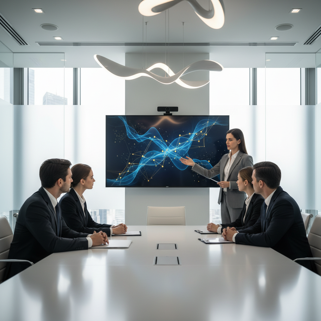 Senior professional presenting a portfolio recommendation to a small governance board