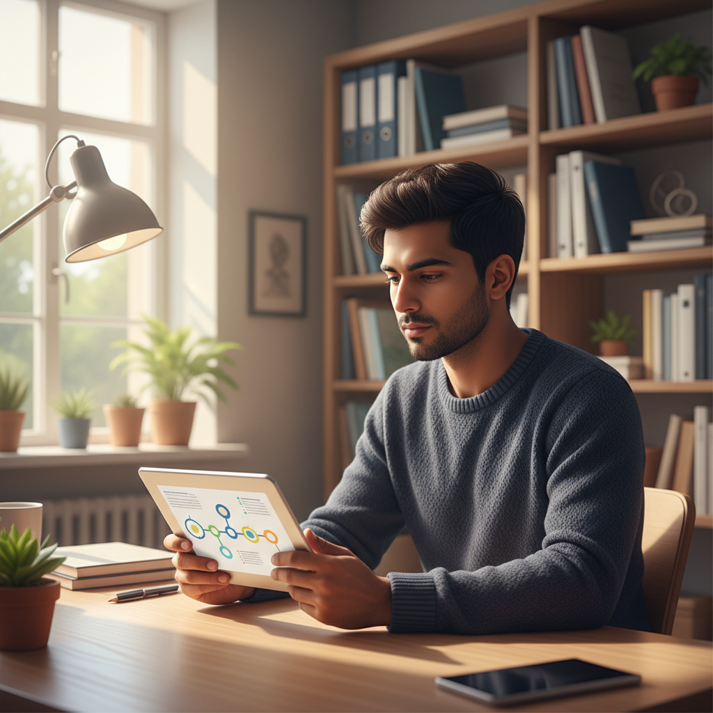 A student planning their academic journey on a tablet in a bright study room.