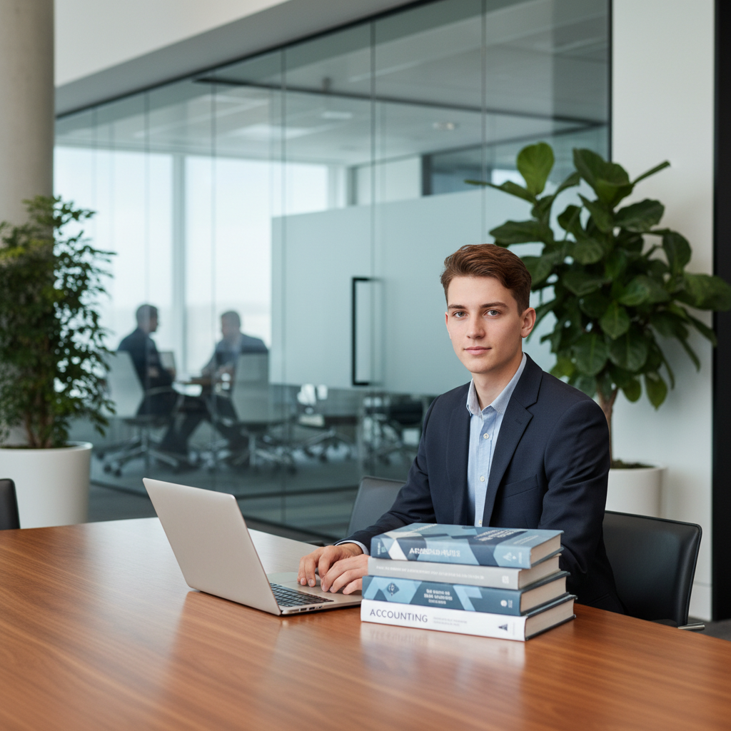 A student in smart casual wear balancing a laptop and university textbooks in a modern office lobby.