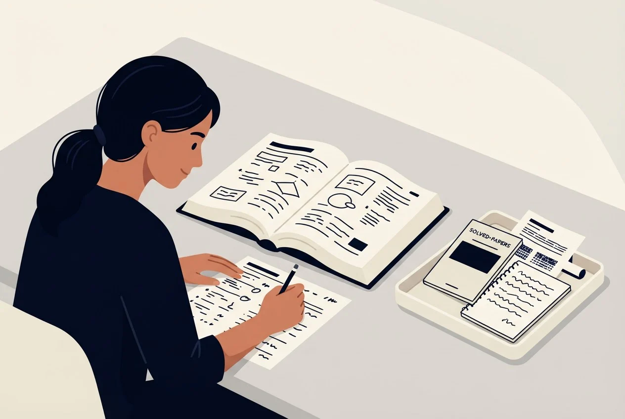 A student at a desk with an open textbook in the centre and solved papers, loose sheets and a notebook set to one side.