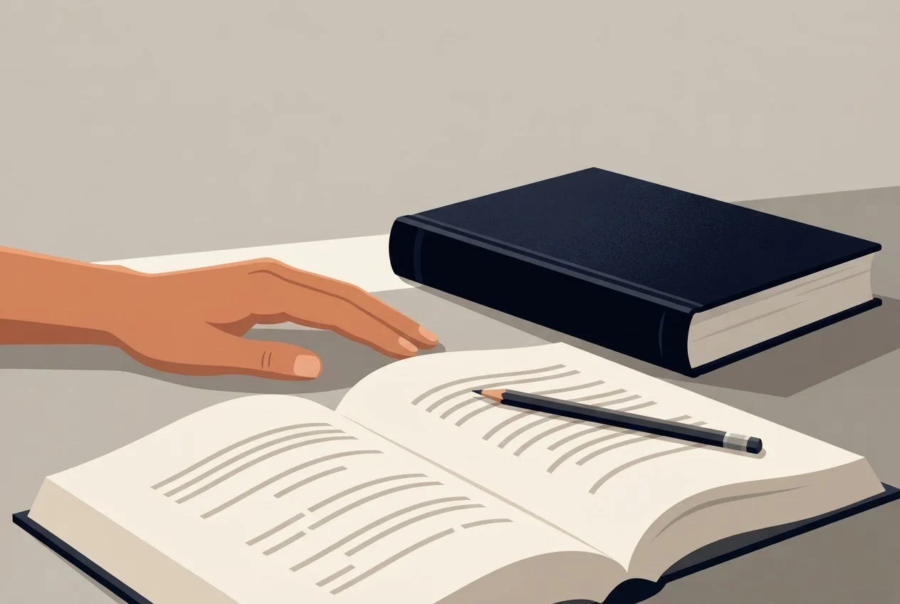 Two books on a desk: a lighter one open in front with a pencil, and a thicker one closed behind it.