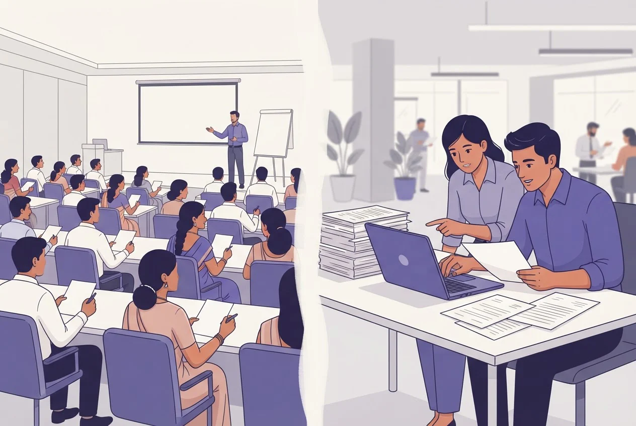 A crowded training hall with feedback slips beside a desk where colleagues work as before.