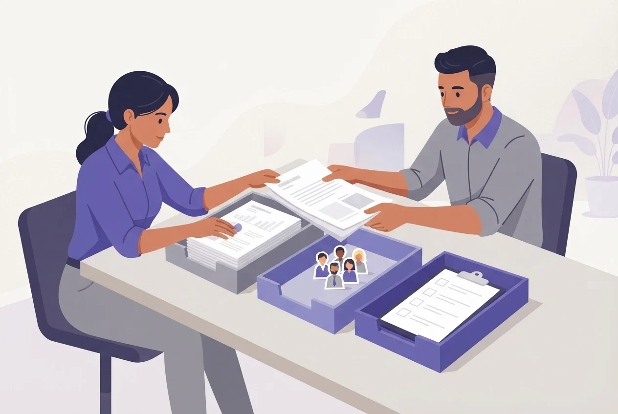Two colleagues sort printed sheets into three trays at a meeting table.