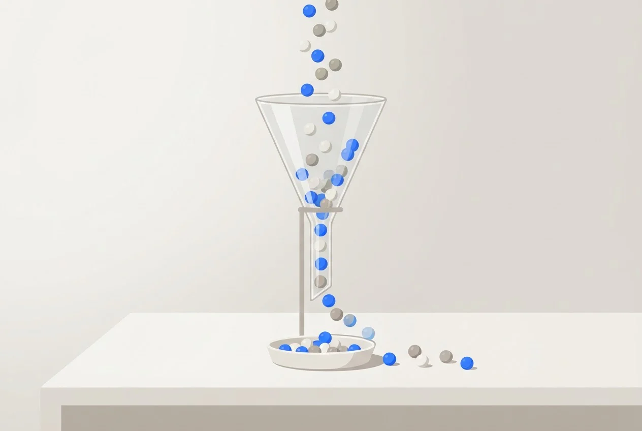 A glass funnel with marbles passing through, some spilling out at a narrow middle section.