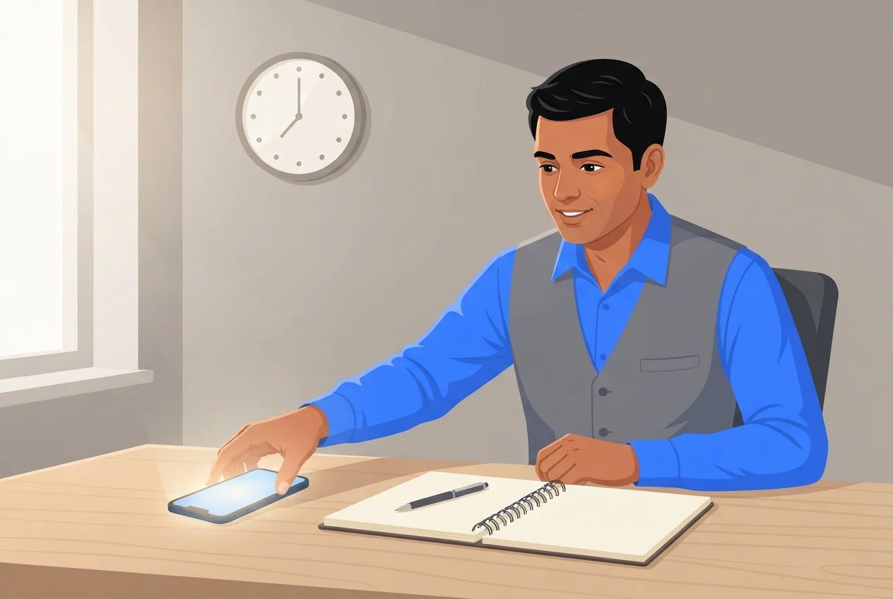 A sales executive in an office answering a phone that has just lit up, with a wall clock behind them.