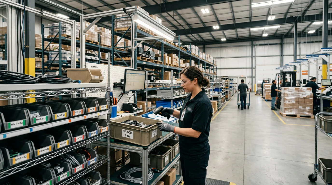 Traceable inventory moving through a production warehouse