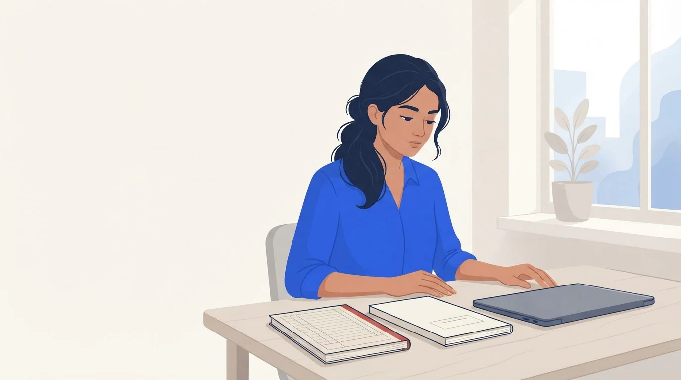 A young Indian graduate at a desk considers two notebooks and a laptop while choosing what to study.