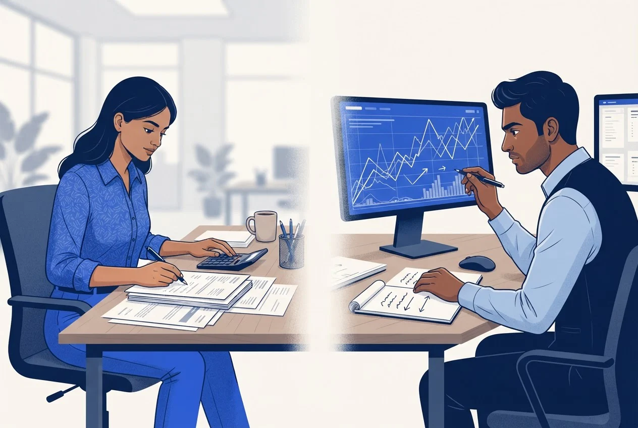 An accountant reviewing statements on one side and an investment analyst studying charts on the other.