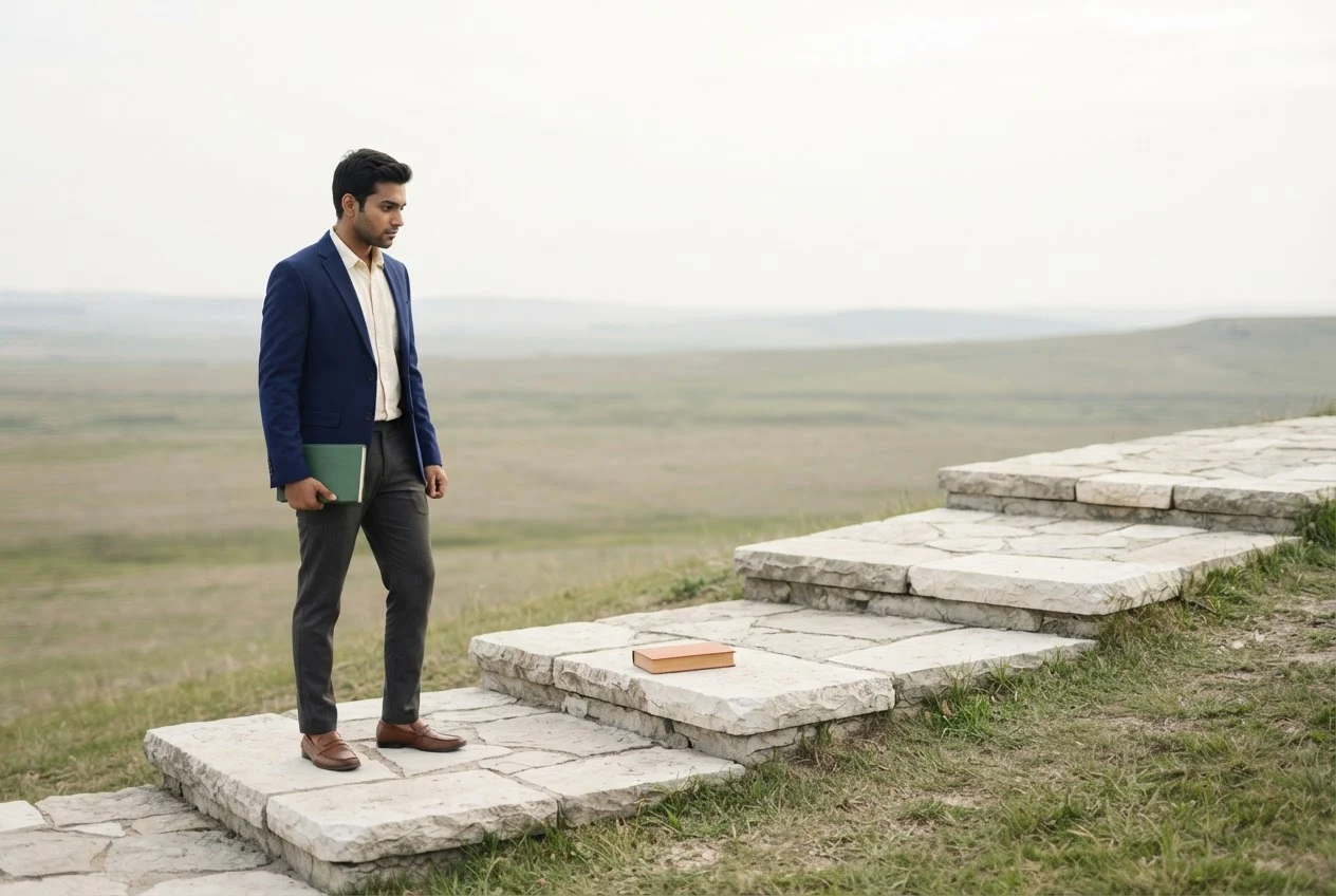 A young professional stands on the first of several stepped platforms, with a second book waiting on the next step.