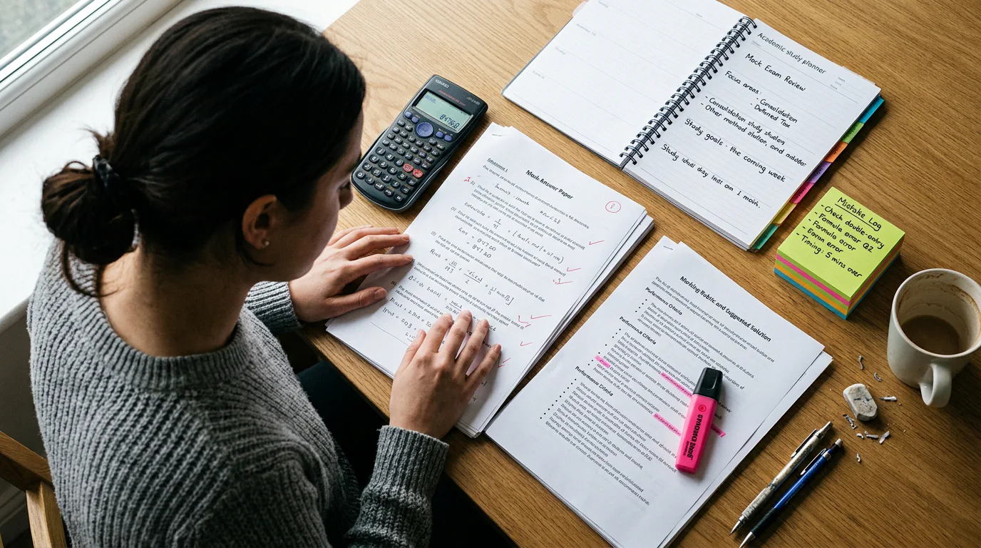 CA student marking mock answers against a rubric