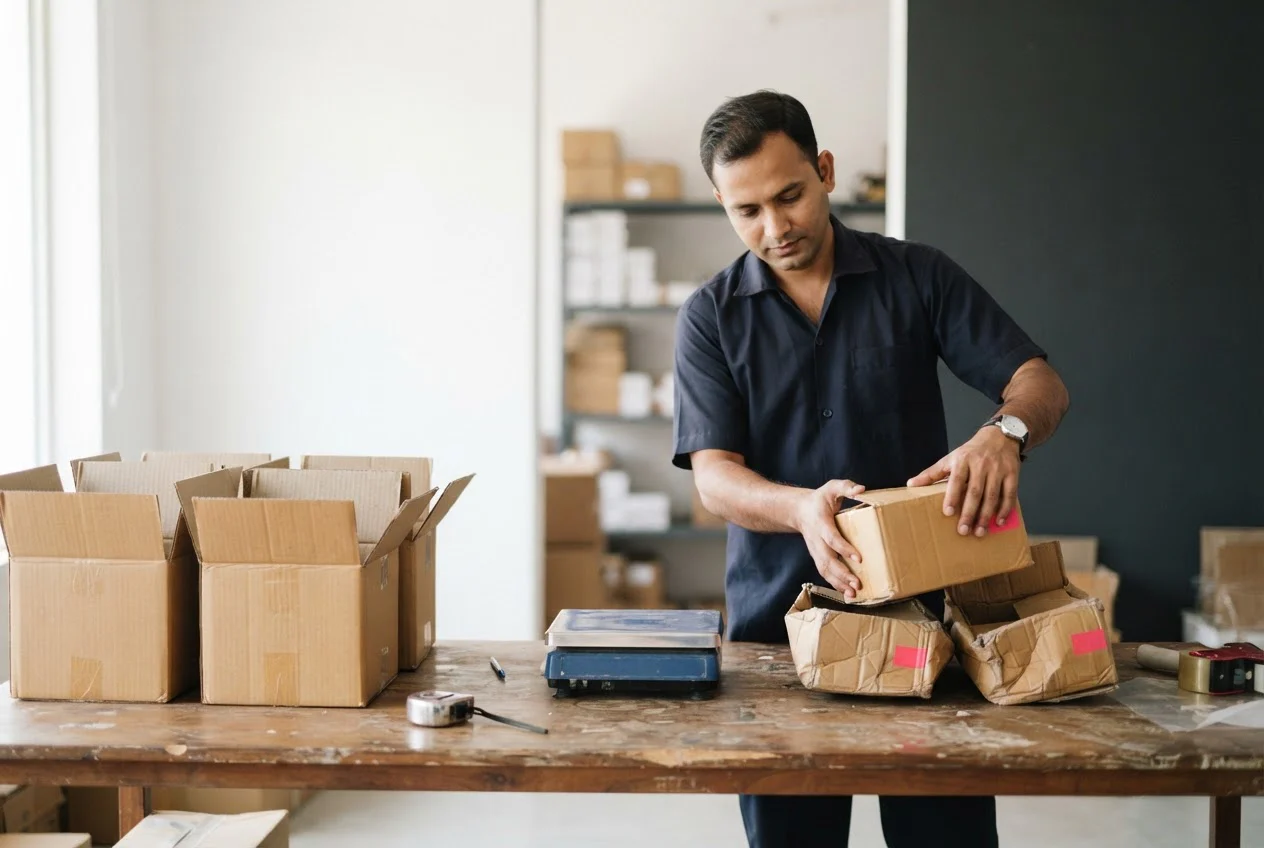 A stores worker separates intact cartons from crushed ones at a receiving table with a weighing scale between them.