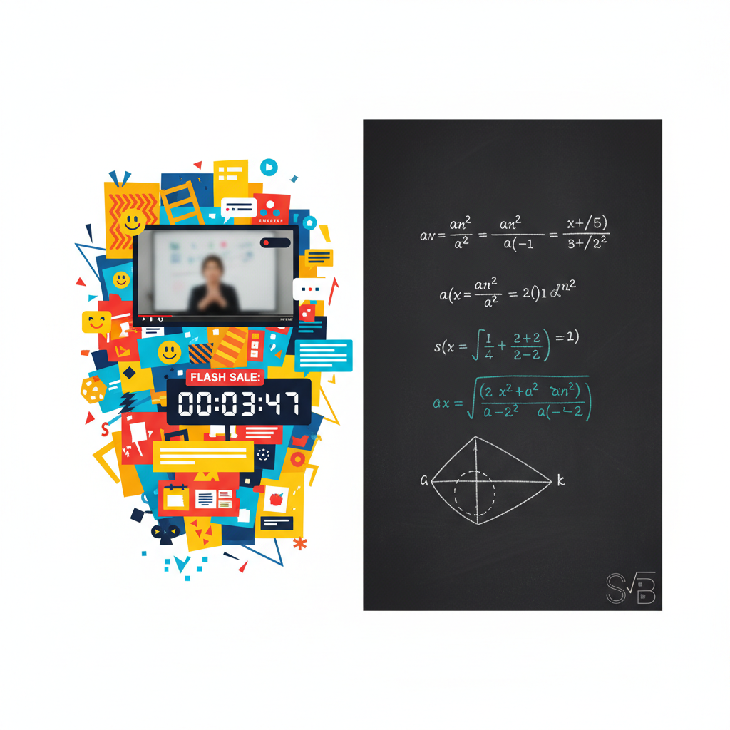 A side-by-side comparison of a cluttered, ad-heavy online lecture interface versus a clean, distraction-free mathematical study screen.