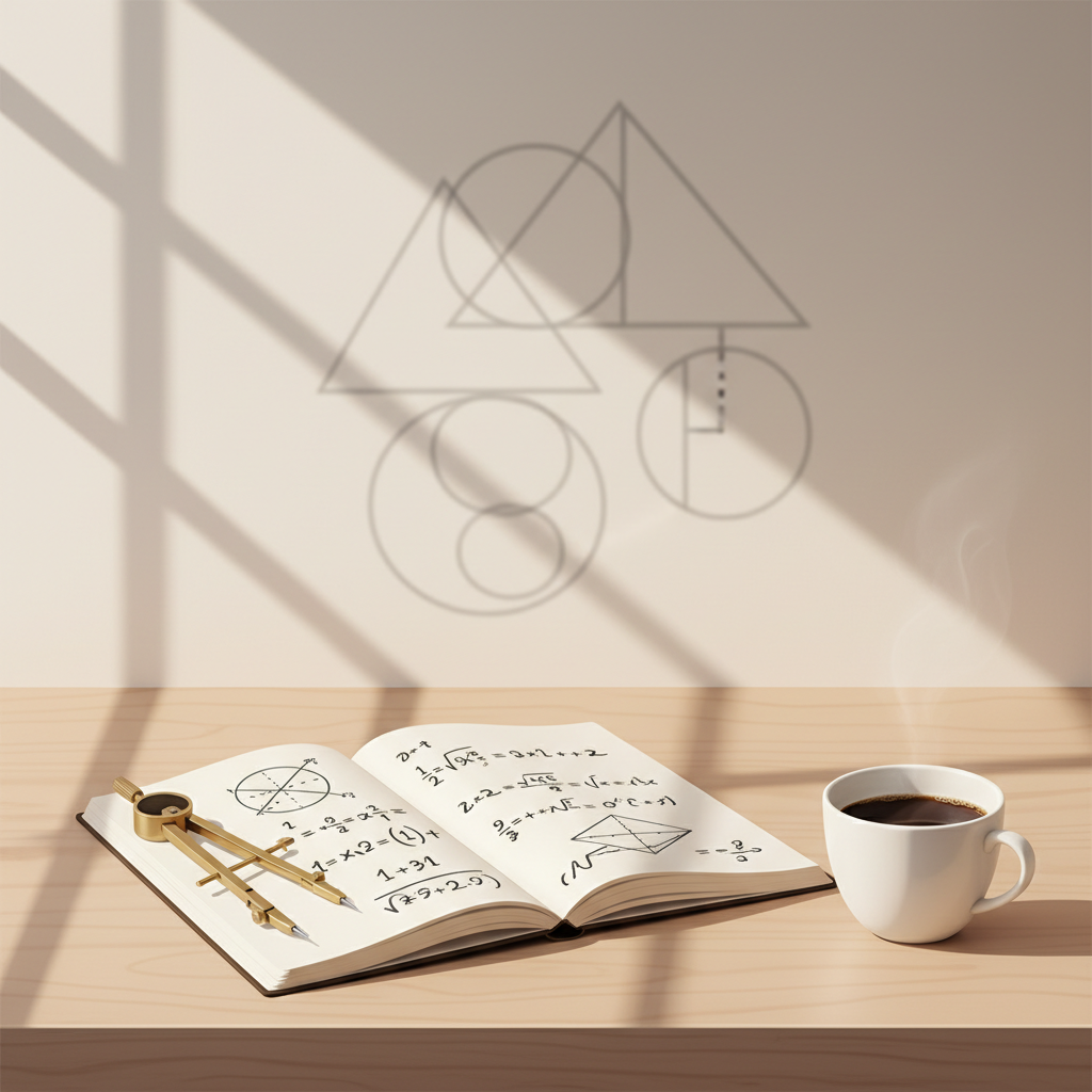 A minimalist, serene study desk with a notebook of mathematical formulas and soft geometric shadows on the wall, representing focused learning.