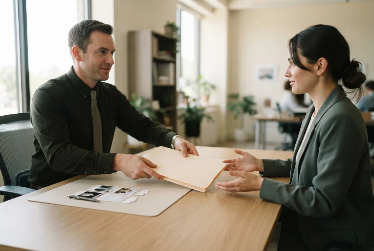 An investigator passes a closed case folder across a desk to a colleague who is ready to receive it.
