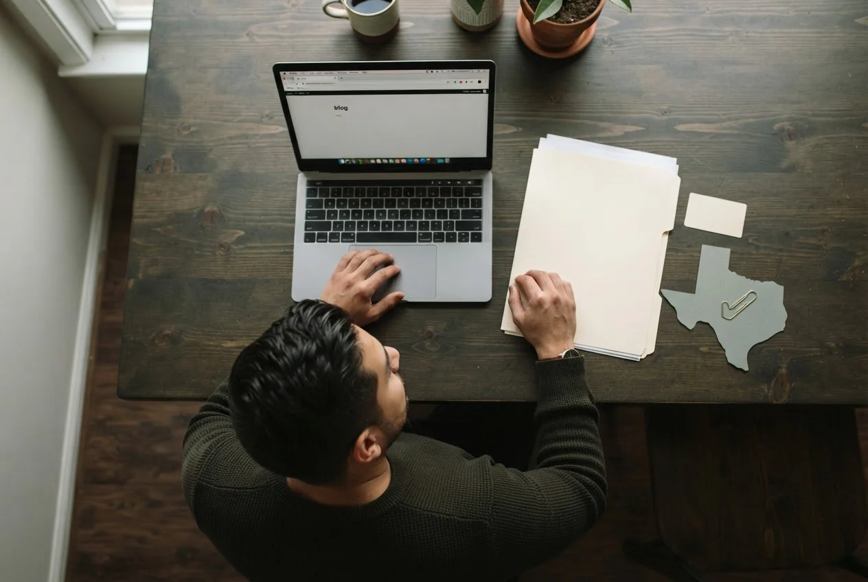 A man at a kitchen table compares a blank licence card with a state-shaped paper cut-out while checking his options on a laptop.