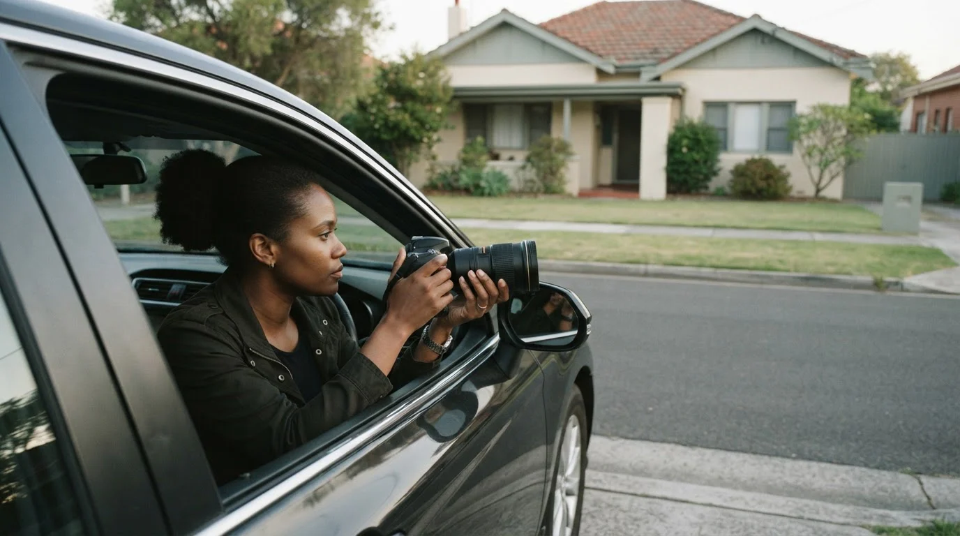 An investigator sits in a parked car and photographs a house across a quiet suburban street.