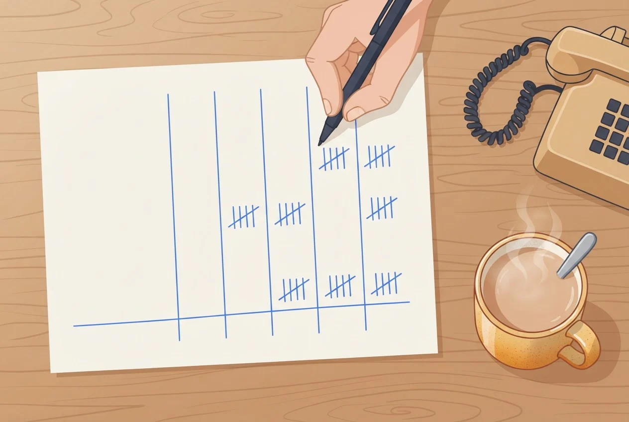 A hand tallies calls with a pen on a paper sheet divided into seven columns beside a desk phone.
