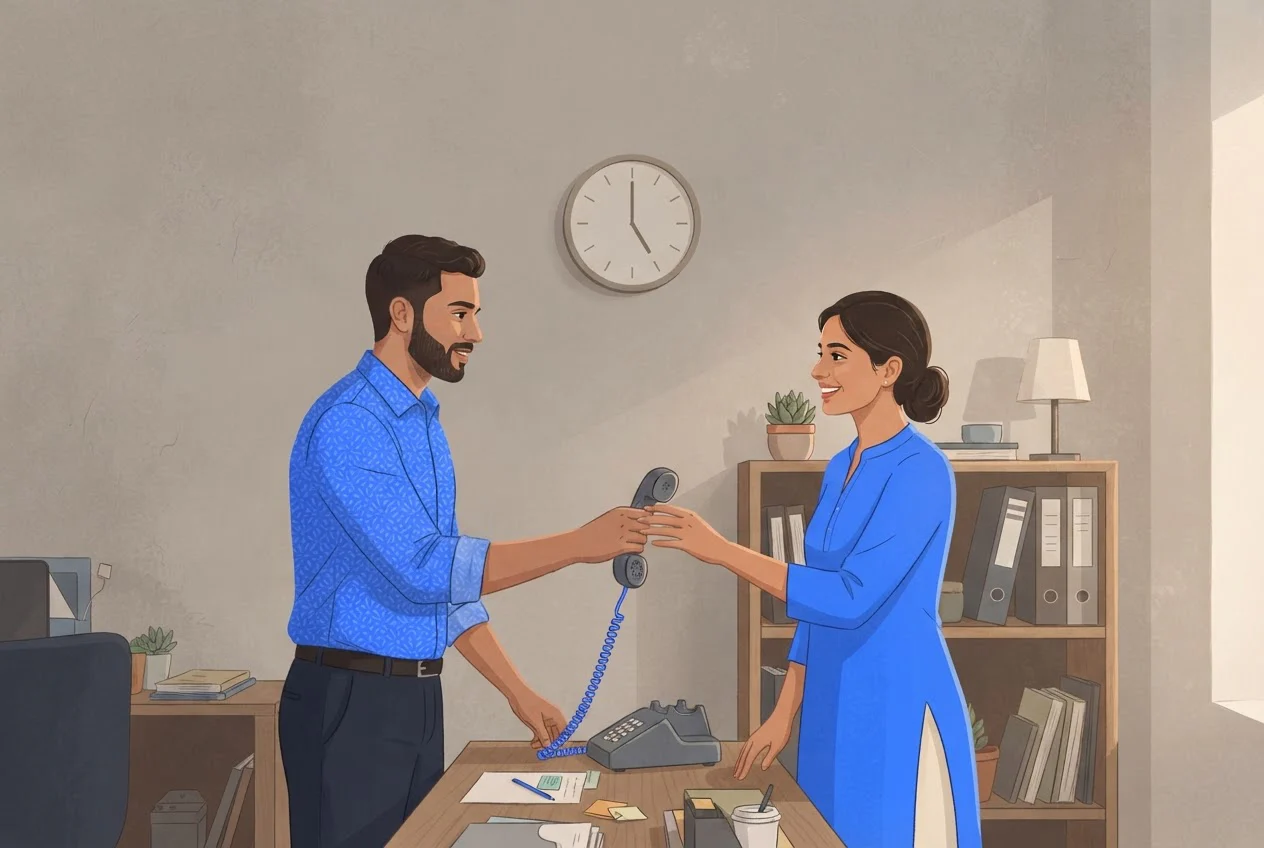 Two colleagues in a small office hand over a desk phone to cover the busy afternoon hours.
