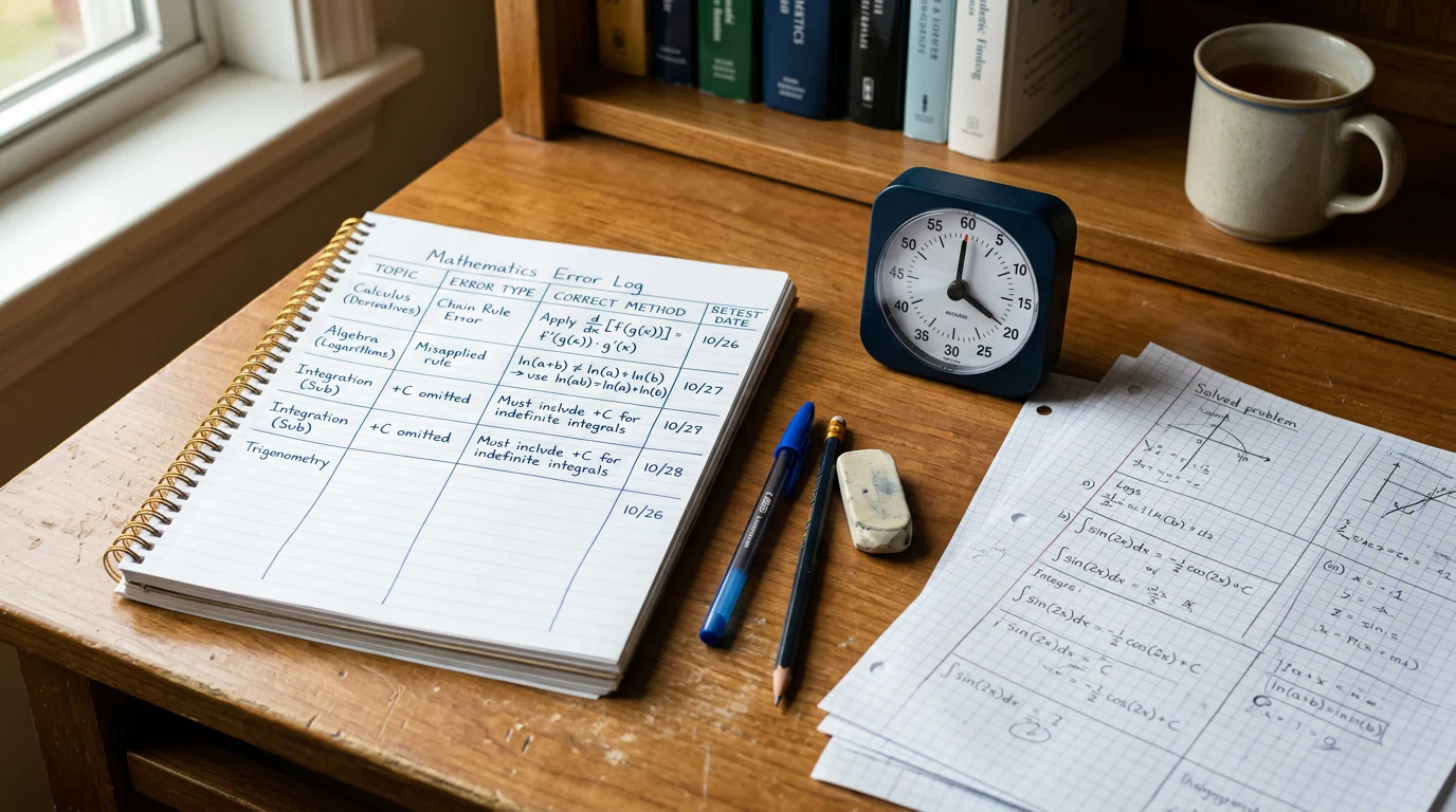 Mathematics error log showing topic, method and retest actions
