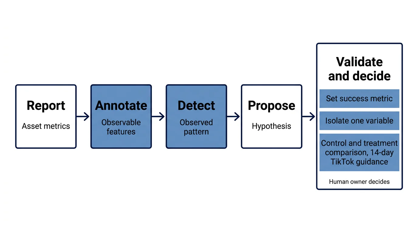 A five-step flow showing how asset reporting and creative tags become a human decision only after a controlled test.