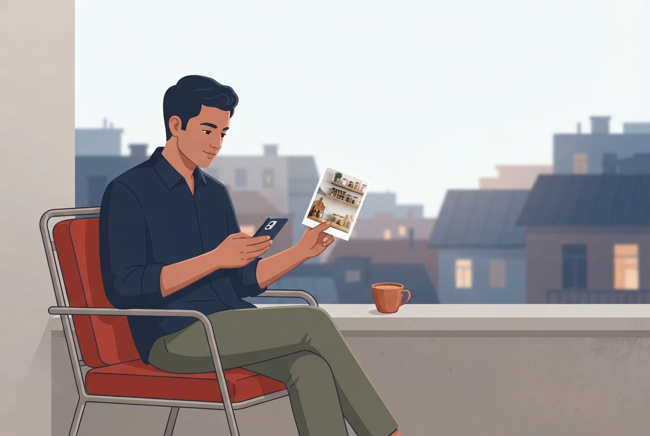 A man on a balcony takes a photo and types a reply on his phone.