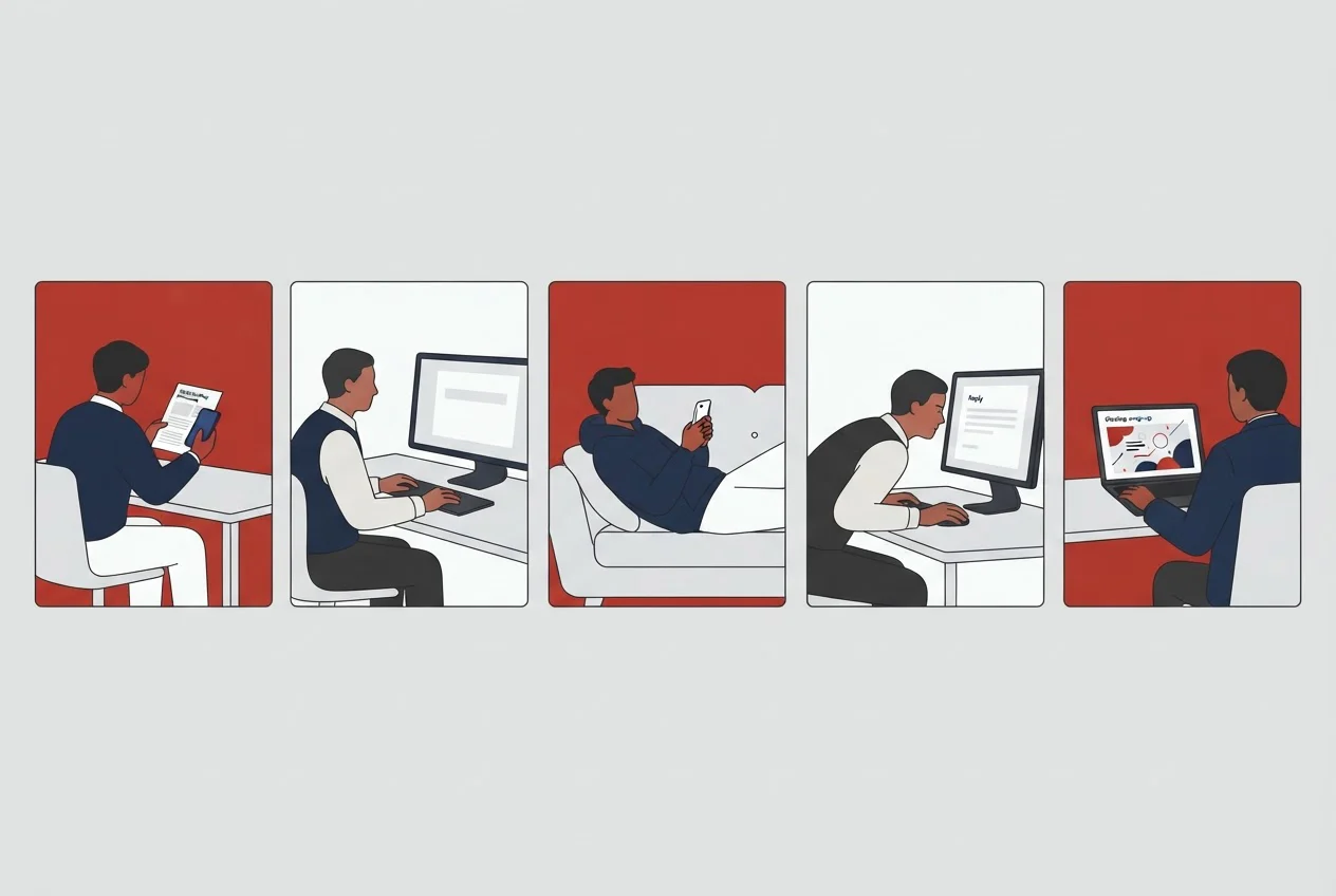 Five small scenes in a row show the stages of a bulletin board from briefing to wrap-up.