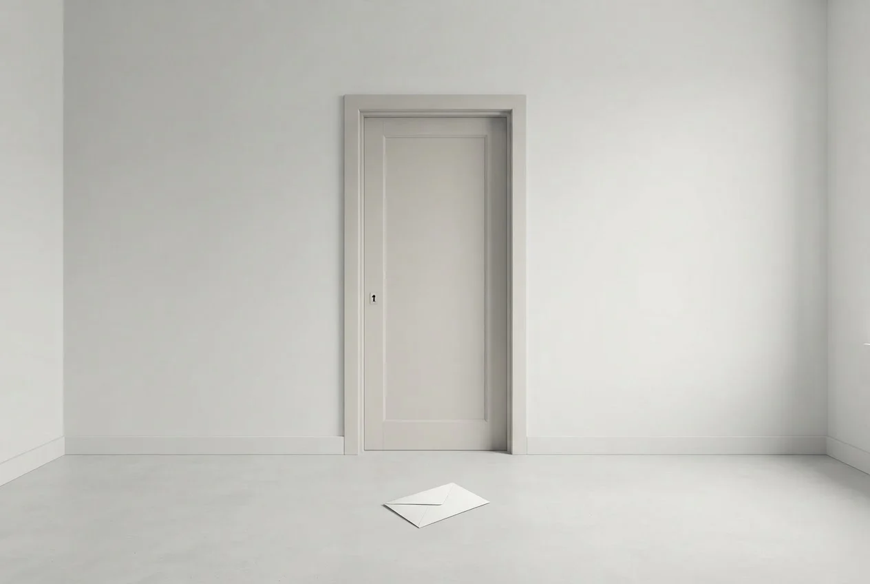 A closed door in an empty pale room with a small envelope resting on the floor in front of it.