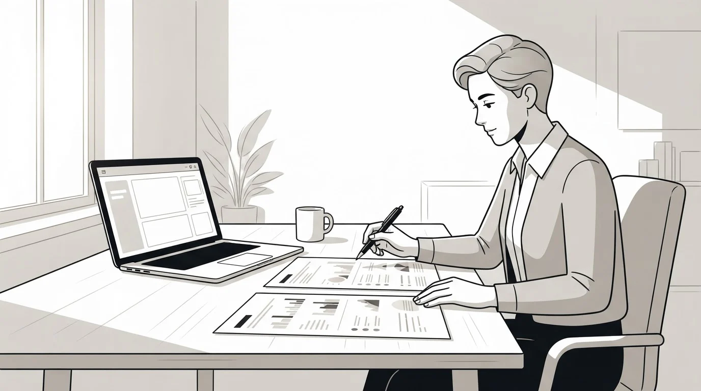 A marketing manager at a desk compares two printed agency proposals with a pen in hand.
