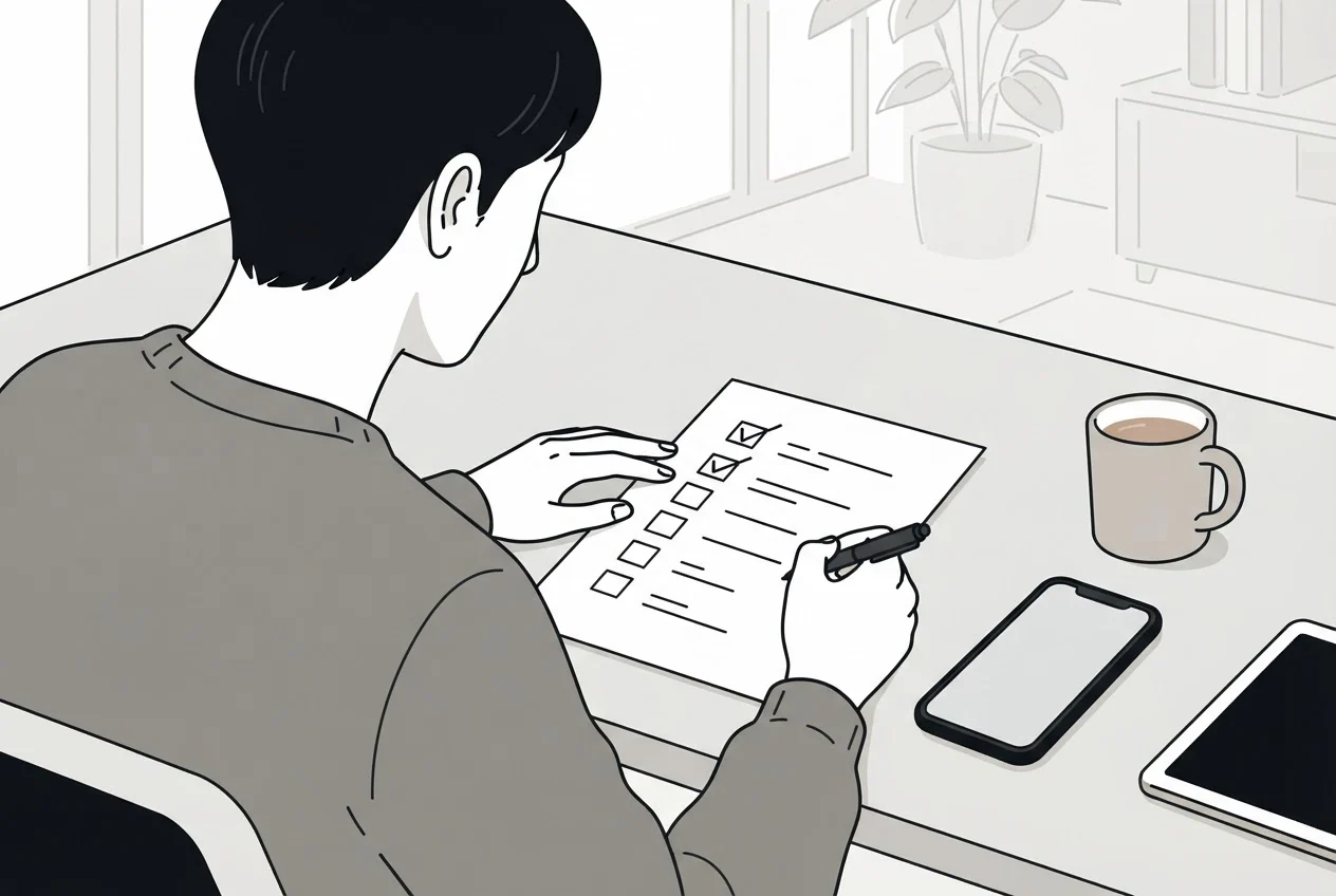 A business owner ticks boxes on a five-item paper checklist at a desk with a phone beside it.
