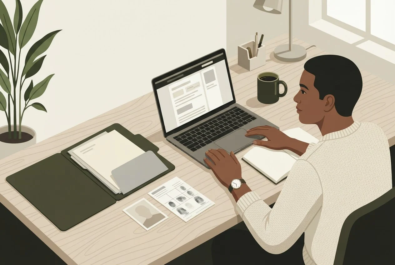 An applicant sits at a desk with a laptop, a folder of documents, a photo and a fingerprint card spread out beside it.