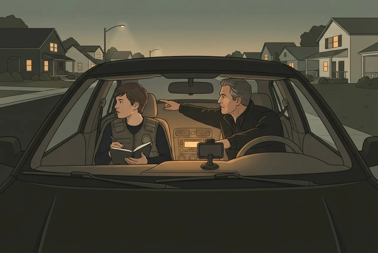A newer investigator and an experienced licensed investigator sit together in a parked car, watching a house across the street.
