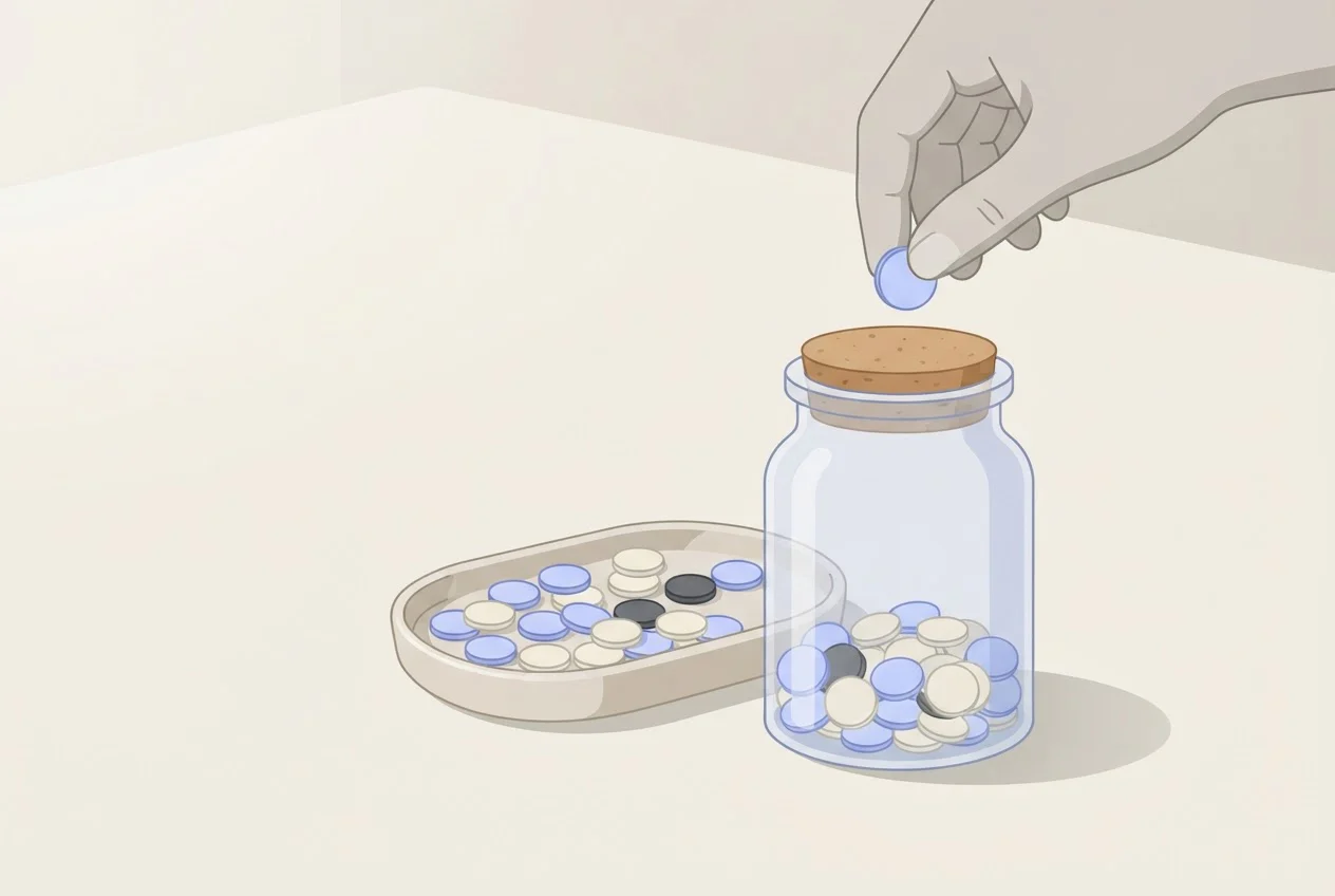 A hand drops small tokens into a glass jar while many more wait in a tray beside it.