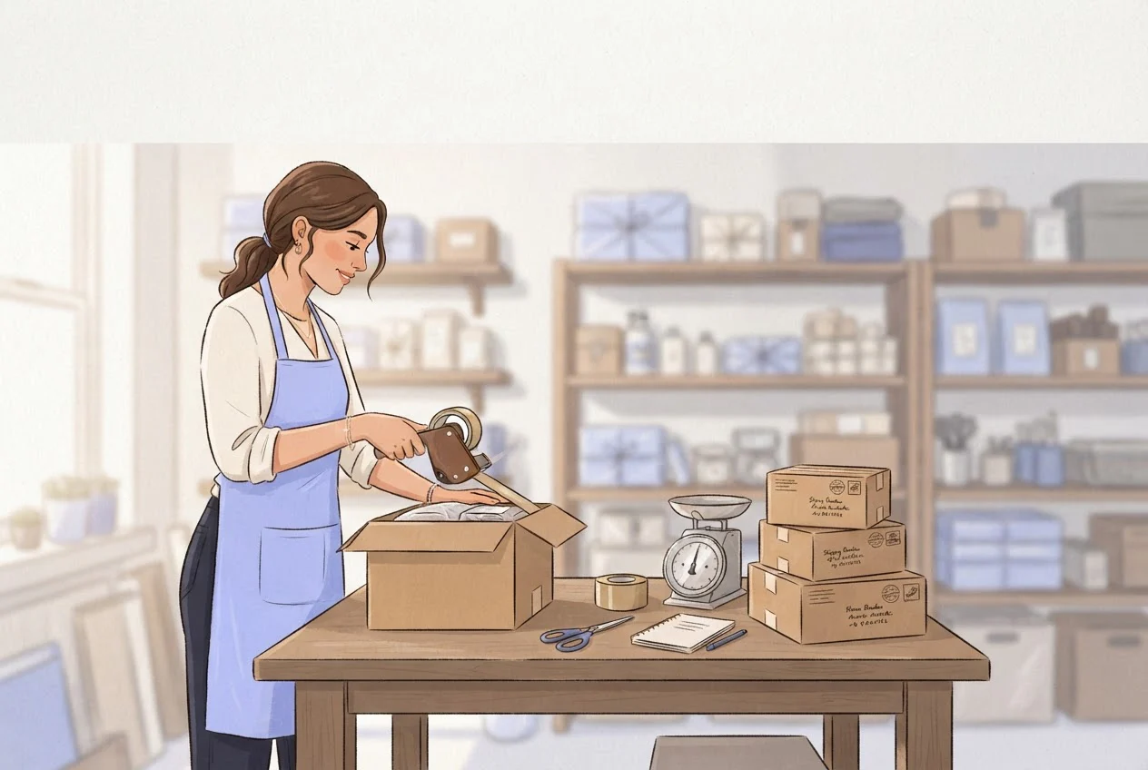 A small online seller seals a shipping box at a packing table beside a stack of parcels.