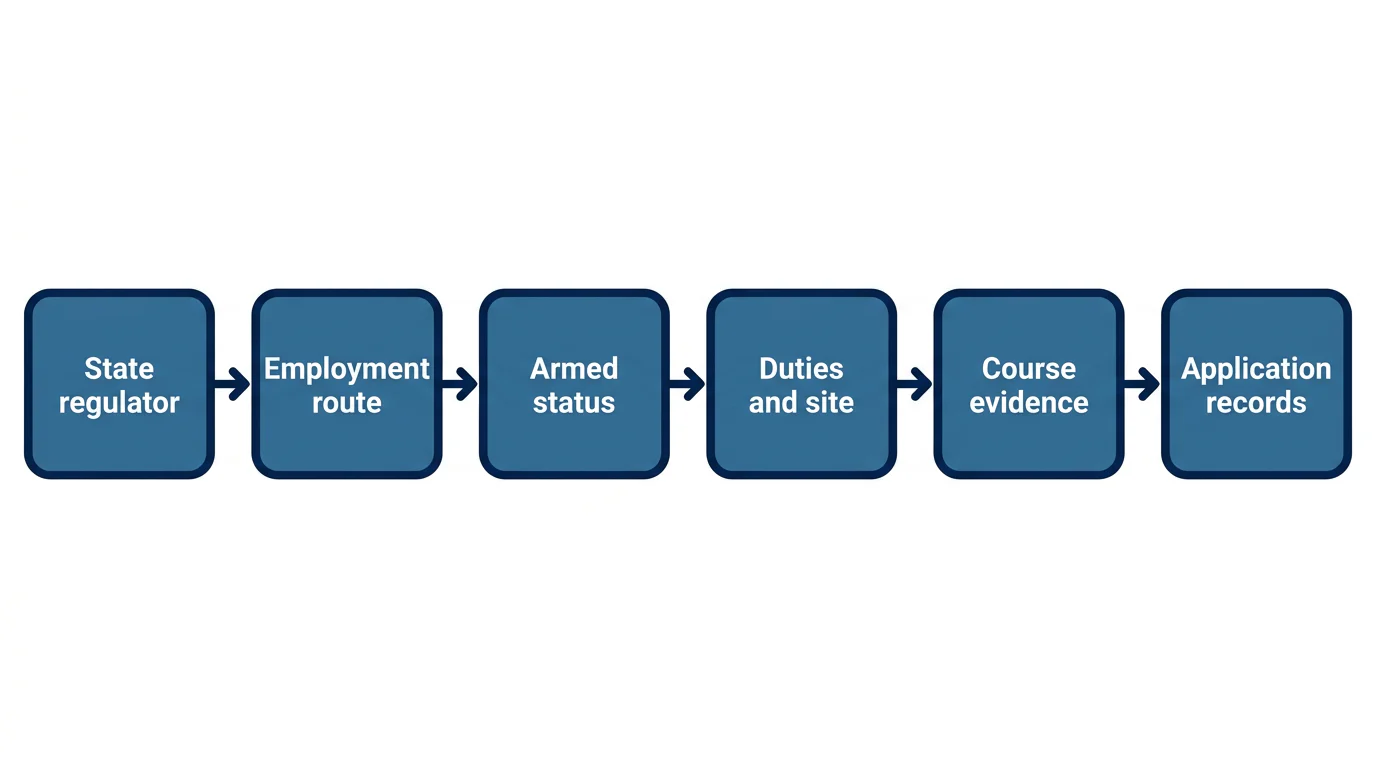 A left-to-right six-step diagram showing the checks needed before selecting security guard training.