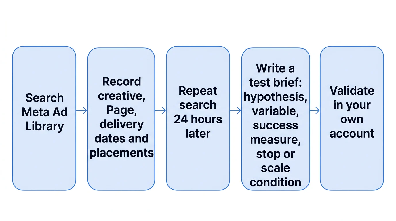 A five-stage flow from searching Meta Ad Library to validating a test in the advertiser’s own account.