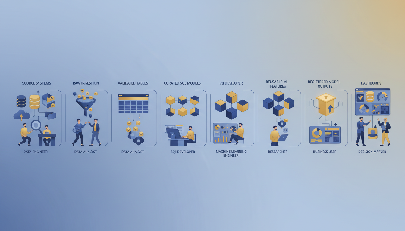 Horizontal dataset swimlane from raw data to dashboard and model output