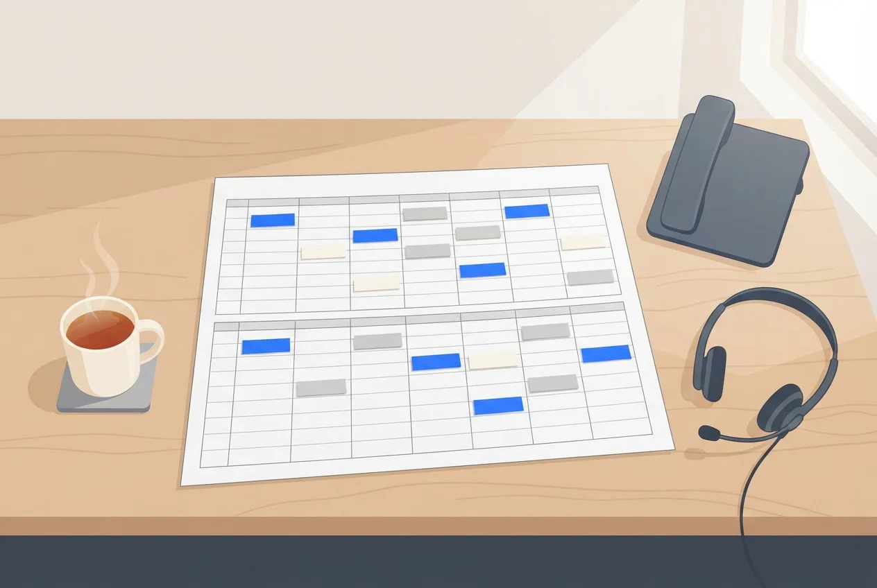 A desk seen from above with a blank two-week paper calendar, evenly spread sticky tabs, a phone and a headset.