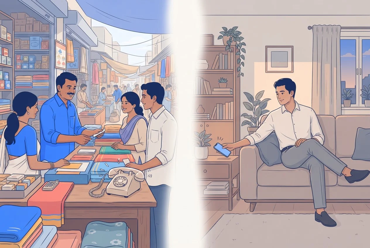 A busy shopkeeper ignores a ringing phone at his stall while an office worker at home in the evening answers a call.