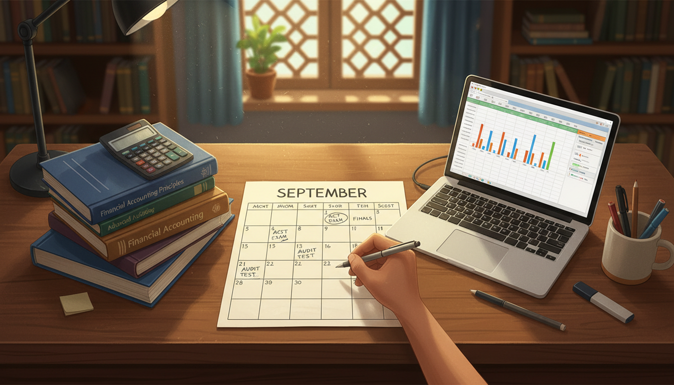September CA exam study schedule at a student desk