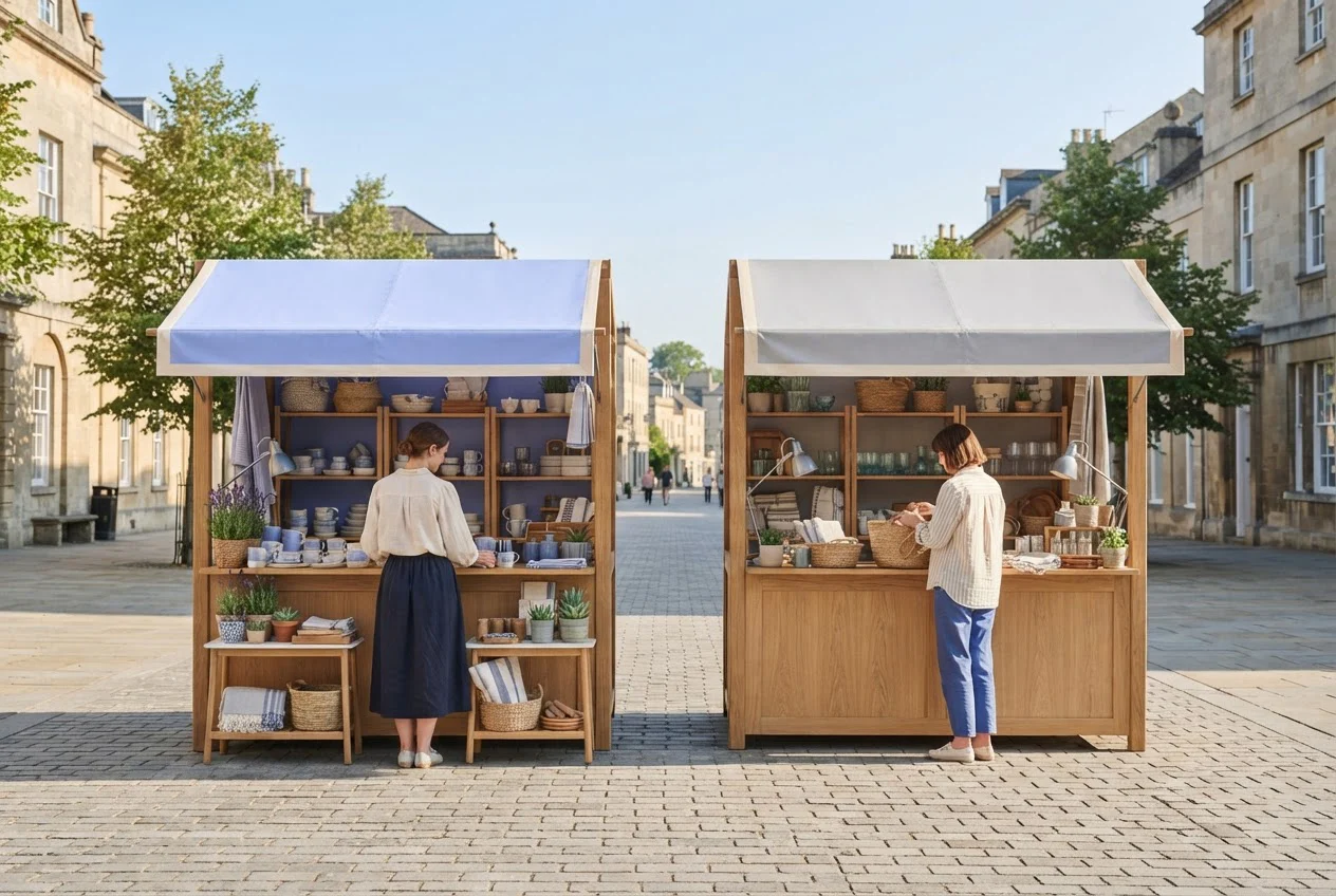 Two identical market stalls stand side by side with shoppers browsing at each.