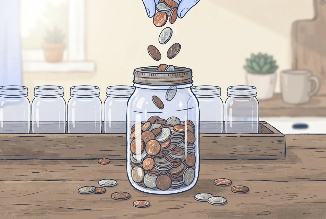 A jar filled with coins to a marked line in front of a row of seven empty jars.