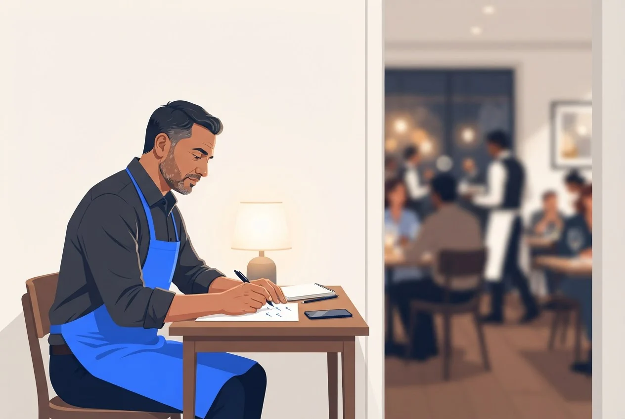A restaurant owner sits at a desk after service, marking a paper sheet beside a phone.