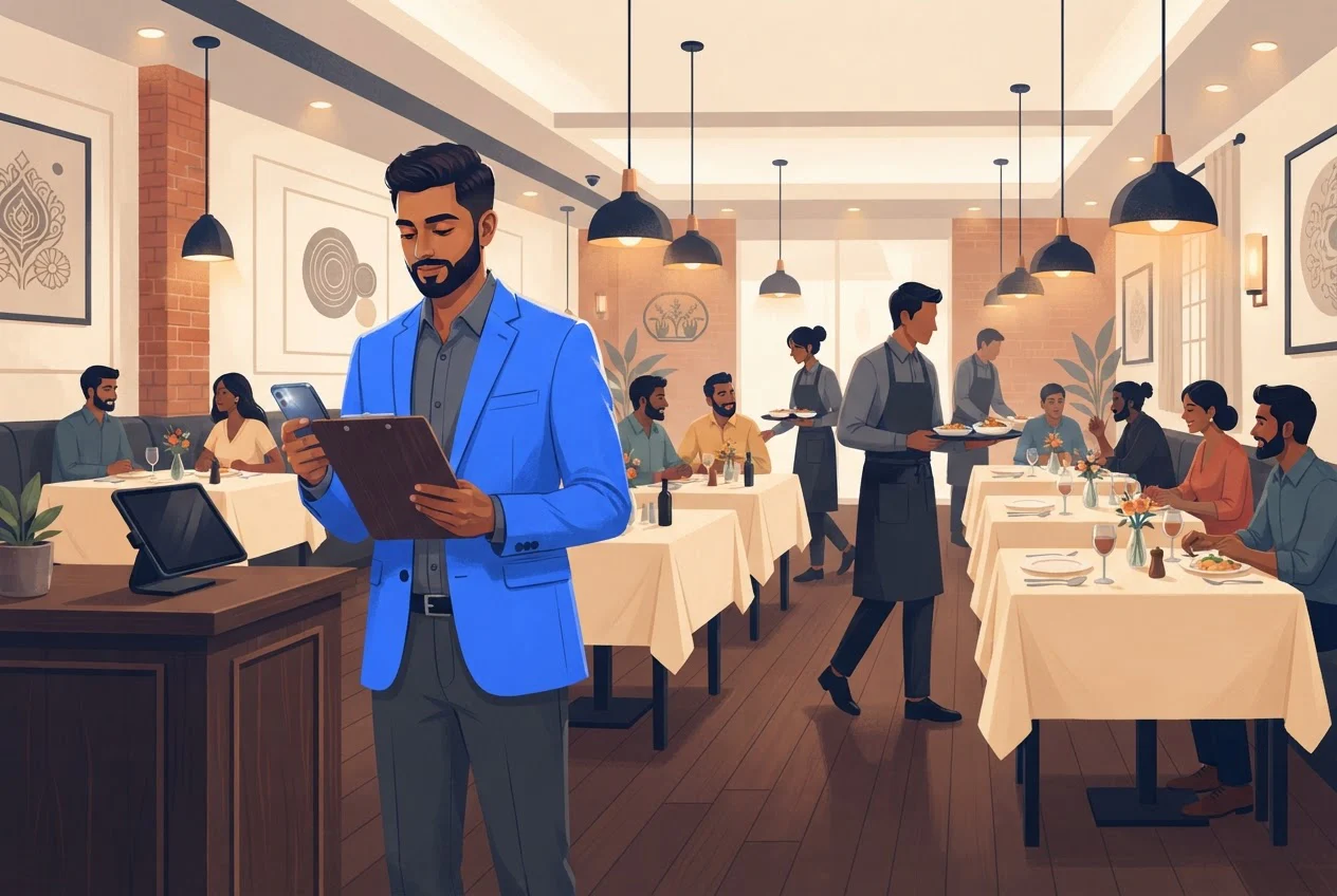 A restaurant manager holds a clipboard and watches a ringing phone at the host stand during dinner service.