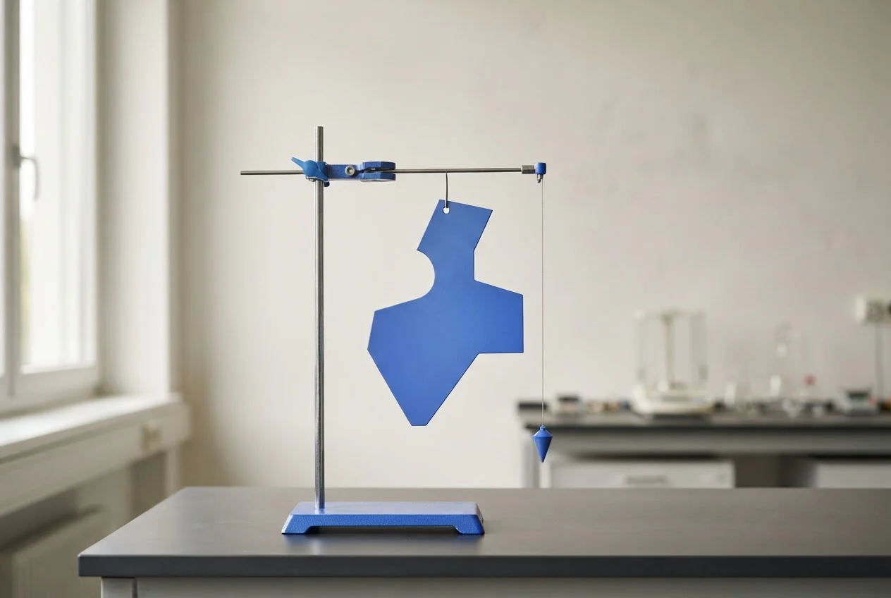 A flat uniform plate balances on a pin in a lab beside a hanging plumb line.