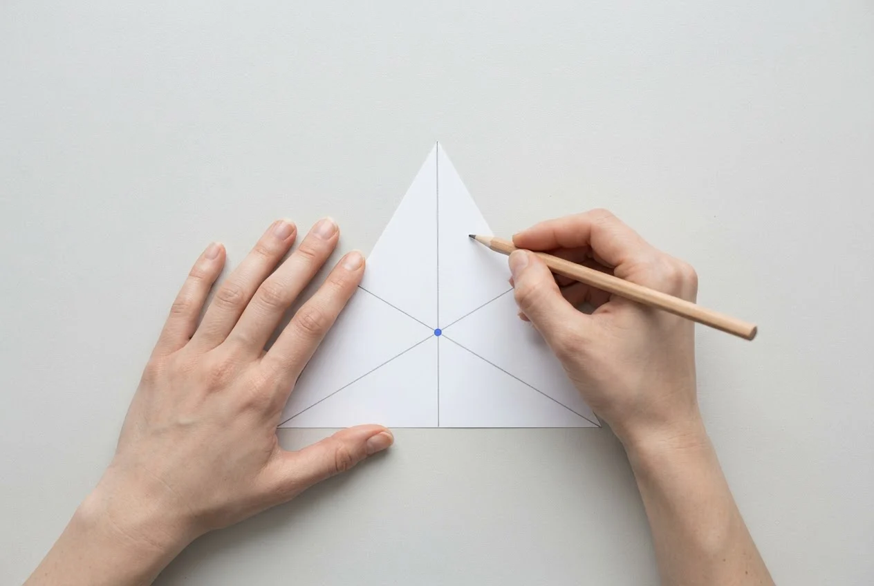 A hand draws a median on a paper triangle where three pencil lines meet at one blue dot.