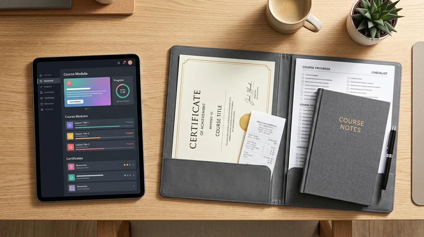 Renewal evidence folder beside mobile course dashboard