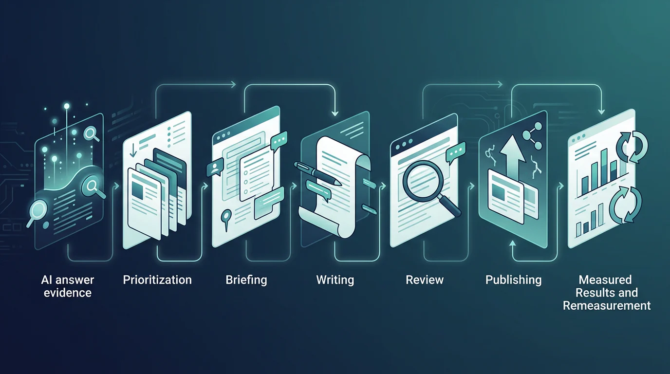 Seven-step workflow from AI answer gap to published measurement
