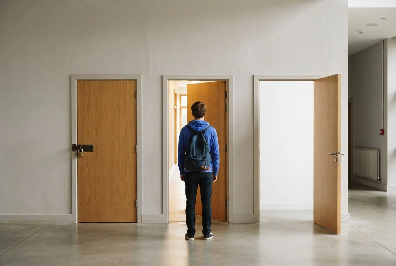 A student stands before three doors, one locked, one half open and one open onto a blank wall.
