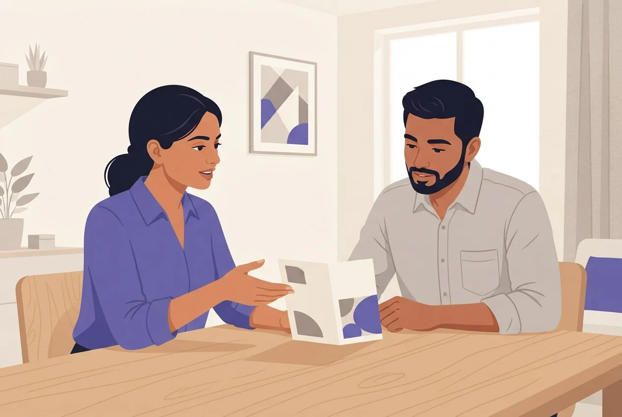 A woman and a client sit at a table with one finished printed piece of work between them.